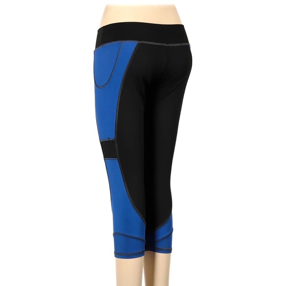 SKY CROPPED SPORT LEGGINGS BLACK BLUE WITH MESH SZ MED - Picture 2 of 4